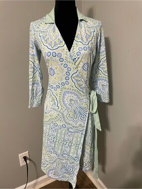 J McLaughlin Paisley Wrap Midi Dress in Light Blue and Mint Green